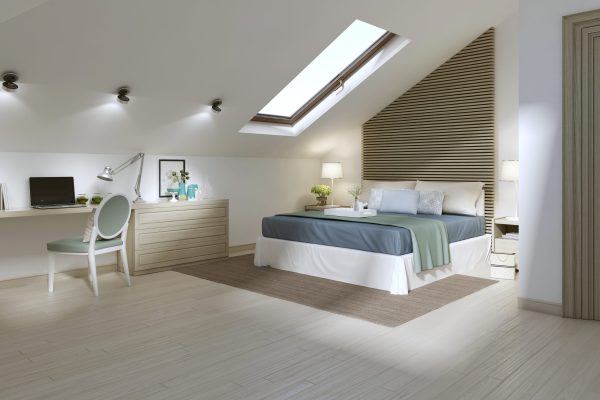 Large bedroom on the attic floor in a modern style. Large work Desk in the bedroom with books and a laptop. 3D render.